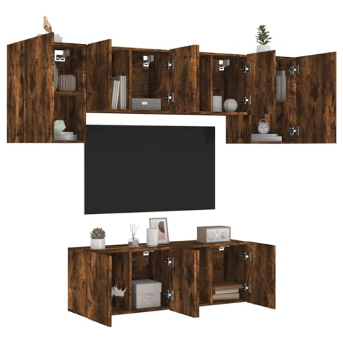 QZZCED 6-TLG. Wohnwand Räuchereiche Holzwerkstoff Fernsehschrank Wohnzimmertisch für Schlafzimmer Empfangsraum von QZZCED