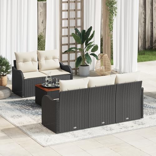 QZZCED 6-teilige Garten-Sofa-Set mit Kissen Schwarz Poly Rattan Akazie Garten Lounge Set Outdoor Lounge Möbel für Balkone von QZZCED