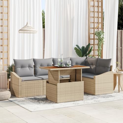 QZZCED 6-teiliges Garten Essgruppen-Set mit Kissen Beige Poly Rattan Akazie Balkon Sofa Set Garten Couch Set für Gärten QZZCED 6-teiliges Garten Essgruppen-Set mit Kissen Beige Poly Rattan Akazie Balkon Sofa Set Garten Couch Set für Gärten von QZZCED