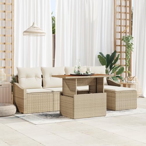 QZZCED 6-teiliges Garten Essgruppen Set mit Kissen Beige Poly Rattan Akazie Balkon Sofa Set Outdoor Lounge Möbel für Rasenflächen QZZCED 6-teiliges Garten Essgruppen Set mit Kissen Beige Poly Rattan Akazie Balkon Sofa Set Outdoor Lounge Möbel für Rasenflächen von QZZCED