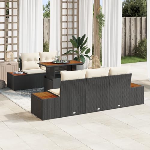 QZZCED 6-teiliges Garten-Esszimmer-Set mit Kissen Schwarz Poly-Rattan Akazie Balkon Sofa Set Outdoor Lounge Möbel für Gärten von QZZCED