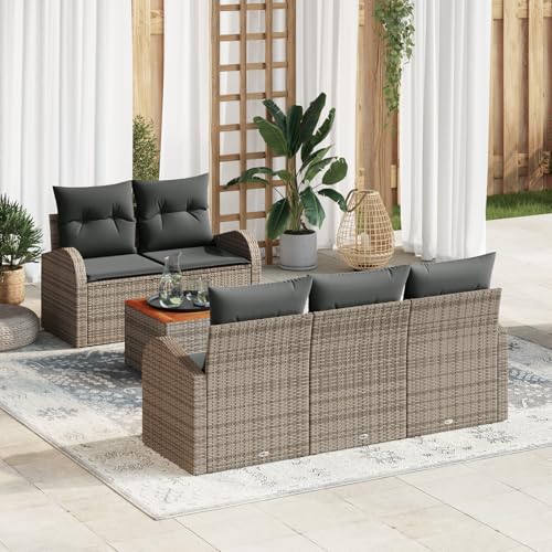 QZZCED 6-teiliges Garten-Sofa-Set mit Kissen Grau Poly-Rattan Akazie Balkon Sofa Set Garten Lounge Set für Innenhöfe von QZZCED