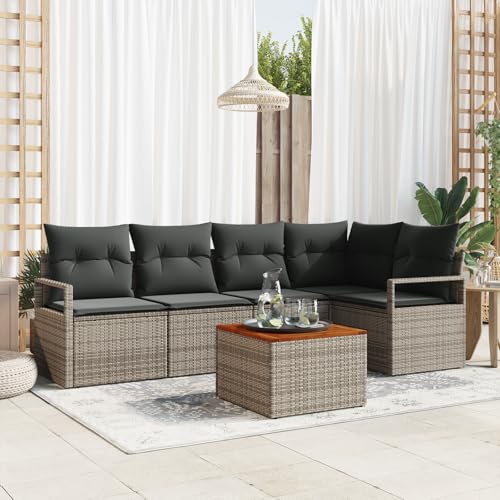 QZZCED 6-teiliges Garten Sofa Set mit Kissen Grau Poly Rattan Akazie Balkon Sofa Set Outdoor Lounge Möbel für Gärten von QZZCED