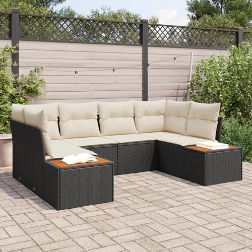 QZZCED 6-teiliges Garten Sofa Set mit Kissen Schwarz Poly Rattan Akazie Gartenmöbel Set Outdoor Lounge Möbel für Innenhöfe von QZZCED
