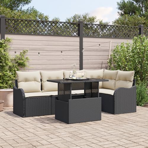 QZZCED 6-teiliges Garten Sofa Set mit Kissen Schwarz Poly Rattan Gartenmöbel Set Outdoor Lounge Möbel für Balkone von QZZCED