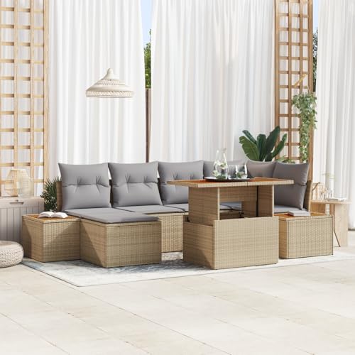 QZZCED 7-TLG. Garten-Essgruppe mit Kissen Beige Poly Rattan Akazie Balkon Sofa Set Gartenmöbel Set für Rasenflächen von QZZCED