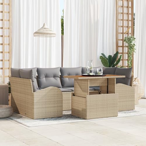 QZZCED 7-TLG. Garten-Essgruppe mit Kissen Beige Poly Rattan Akazie Garten Couch Set Terrassenmöbel Set für Rasenflächen von QZZCED