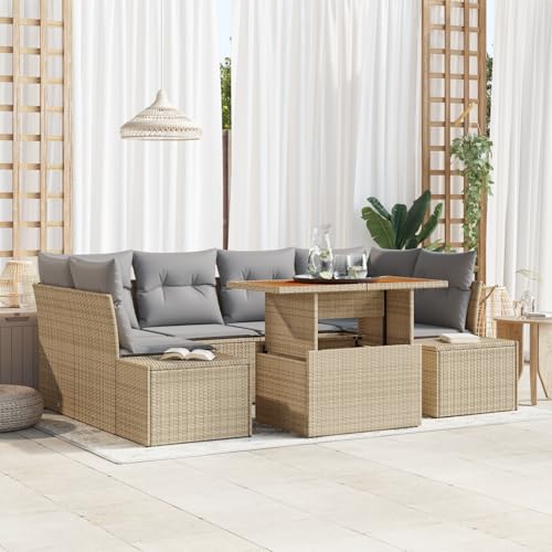 QZZCED 7-TLG. Garten-Essgruppe mit Kissen Beige Poly Rattan Akazie Garten Couch Set Terrassensofa Set für Rasenflächen von QZZCED