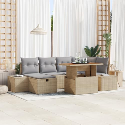 QZZCED 7-TLG. Garten-Essgruppe mit Kissen Beige Poly Rattan Akazie Outdoor Lounge Möbel Terrassensofa Set für Balkone QZZCED 7-TLG. Garten-Essgruppe mit Kissen Beige Poly Rattan Akazie Outdoor Lounge Möbel Terrassensofa Set für Balkone von QZZCED