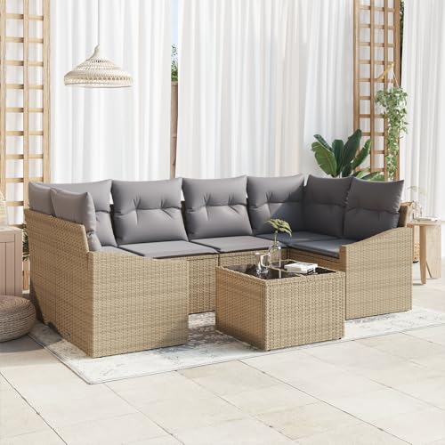 QZZCED 7-TLG. Garten-Essgruppe mit Kissen Beige Poly Rattan Gartenmöbel Set Outdoor Sofa Set für Innenhöfe von QZZCED