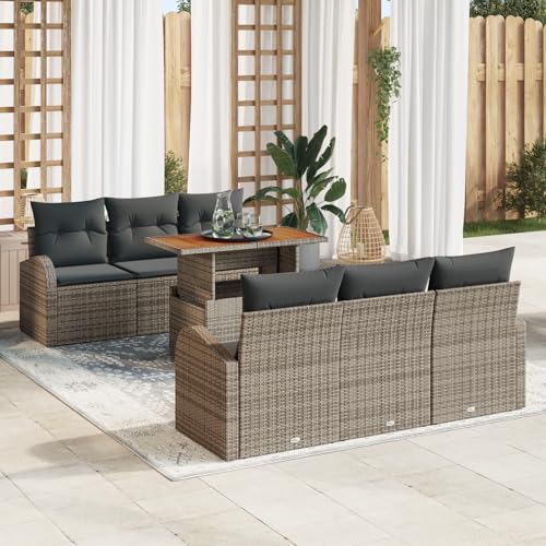 QZZCED 7-TLG. Garten-Essgruppe mit Kissen Grau Poly Rattan Akazie Outdoor Lounge Möbel Balkon Sofa Set für Innenhöfe QZZCED 7-TLG. Garten-Essgruppe mit Kissen Grau Poly Rattan Akazie Outdoor Lounge Möbel Balkon Sofa Set für Innenhöfe von QZZCED