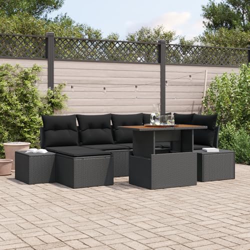 QZZCED 7-TLG. Garten-Essgruppe mit Kissen Schwarz Poly Rattan Akazie Balkon Sofa Set Terrassenmöbel Set für Rasenflächen QZZCED 7-TLG. Garten-Essgruppe mit Kissen Schwarz Poly Rattan Akazie Balkon Sofa Set Terrassenmöbel Set für Rasenflächen von QZZCED