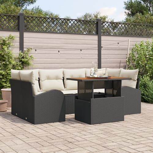 QZZCED 7-TLG. Garten-Essgruppe mit Kissen Schwarz Poly Rattan Akazie Garten Couch Set Outdoor Sofa Set für Innenhöfe von QZZCED