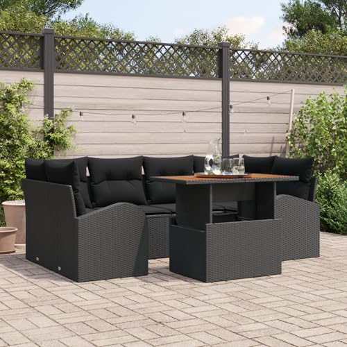 QZZCED 7-TLG. Garten-Essgruppe mit Kissen Schwarz Poly Rattan Akazie Garten Lounge Set Outdoor Sofa Set für Balkone QZZCED 7-TLG. Garten-Essgruppe mit Kissen Schwarz Poly Rattan Akazie Garten Lounge Set Outdoor Sofa Set für Balkone von QZZCED