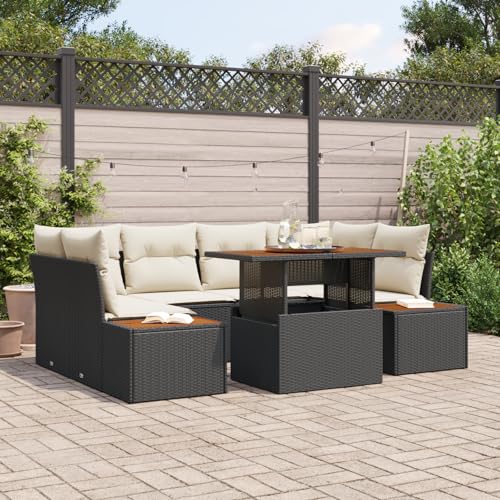 QZZCED 7-TLG. Garten-Essgruppe mit Kissen Schwarz Poly Rattan Akazie Terrassenmöbel Set Outdoor Sofa Set für Rasenflächen von QZZCED