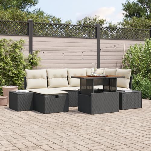 QZZCED 7-TLG. Garten-Essgruppe mit Kissen Schwarz Poly Rattan Akazie für Innenhöfe von QZZCED