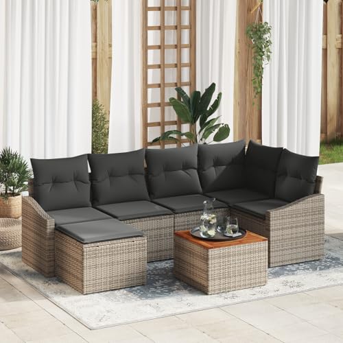 QZZCED 7-teiliges Garten Sofa Set mit Kissen Grau Poly Rattan Akazie Gartenmöbel Set Outdoor Lounge Möbel für Gärten von QZZCED