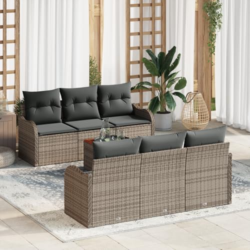 QZZCED 7-teiliges Garten Sofa Set mit Kissen Grau Poly Rattan Akazie Terrassensofa Set Outdoor Lounge Möbel für Gärten von QZZCED