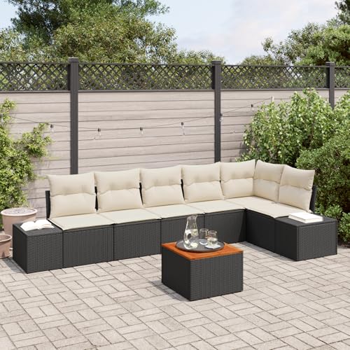 QZZCED 7-teiliges Garten-Sofa-Set mit Kissen Schwarz Poly Rattan Akazie Terrassensofa Set Gartenmöbel Set für Balkone QZZCED 7-teiliges Garten-Sofa-Set mit Kissen Schwarz Poly Rattan Akazie Terrassensofa Set Gartenmöbel Set für Balkone von QZZCED