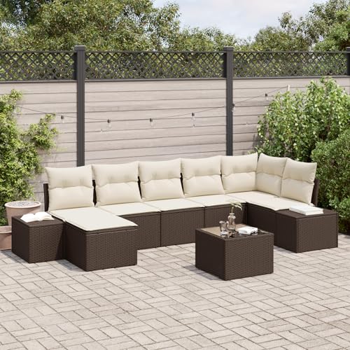 QZZCED 7-teiliges Garten Sofa Set mit Kissen aus grauem Poly Rattan Outdoor Lounge Möbel Garten Lounge Set für Rasenflächen von QZZCED