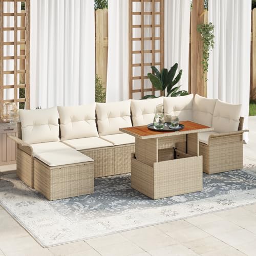 QZZCED 8-TLG. Garten-Essgruppe mit Kissen Beige Poly Rattan Akazie Balkon Sofa Set Garten Lounge Set für Balkone QZZCED 8-TLG. Garten-Essgruppe mit Kissen Beige Poly Rattan Akazie Balkon Sofa Set Garten Lounge Set für Balkone von QZZCED