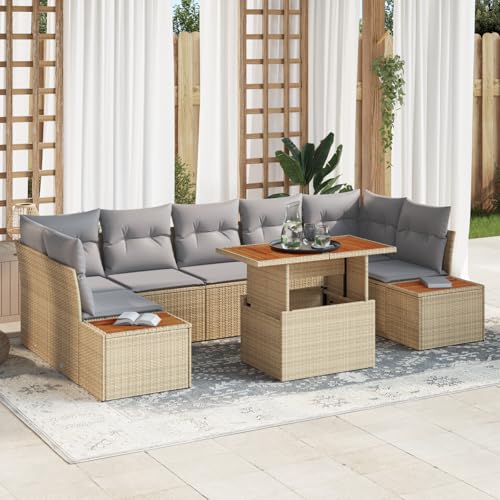 QZZCED 8-TLG. Garten-Essgruppe mit Kissen Beige Poly Rattan Akazie Outdoor Sofa Set Gartenmöbel Set für Innenhöfe von QZZCED