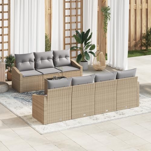 QZZCED 8-TLG. Garten-Essgruppe mit Kissen Beige Poly Rattan Outdoor Lounge Möbel Terrassensofa Set für Rasenflächen von QZZCED