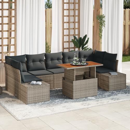 QZZCED 8-TLG. Garten-Essgruppe mit Kissen Grau Poly Rattan Akazie Gartenmöbel Set Garten Couch Set für Innenhöfe von QZZCED