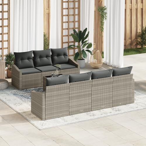 QZZCED 8-TLG. Garten-Essgruppe mit Kissen Hellgrau Poly Rattan Gartenmöbel Set Garten Couch Set für Balkone von QZZCED