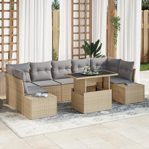 QZZCED 8-TLG. Garten-Sofagarnitur mit Kissen Beige Poly Rattan Balkon Sofa Set Garten Lounge Set für Innenhöfe von QZZCED