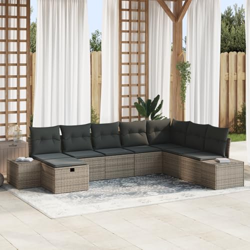 QZZCED 8-TLG. Garten-Sofagarnitur mit Kissen Grau Poly Rattan Outdoor Lounge Möbel Terrassenmöbel Set für Rasenflächen von QZZCED