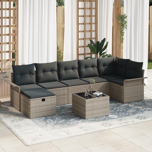 QZZCED 8-TLG. Garten-Sofagarnitur mit Kissen Grau Poly Rattan Outdoor Lounge Möbel Terrassensofa Set für Gärten von QZZCED