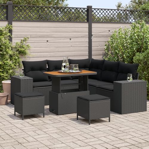 QZZCED 8-Teiliges Garten Sofa Set mit Kissen Schwarz Poly Rattan Akazie Garten Couch Set Outdoor Lounge Möbel für Gärten von QZZCED