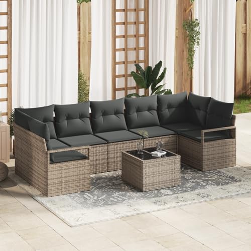 QZZCED 8-teiliges Garten Schlafsofa Set mit Kissen Grau Poly Rattan Outdoor Lounge Möbel Garten Lounge Set für Gärten von QZZCED