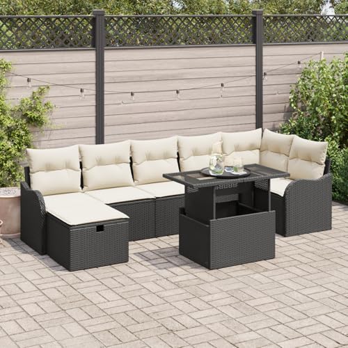 QZZCED 8-teiliges Garten Sofa Set mit Kissen Schwarz Poly Rattan Terrassensofa Set Outdoor Lounge Möbel für Gärten von QZZCED