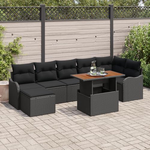 QZZCED 8-teiliges Garten-Sofa-Set mit Kissen in Schwarz aus Poly Rattan Akazie Outdoor Lounge Möbel Garten Lounge Set für Balkone von QZZCED
