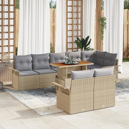 QZZCED 9-TLG. Garten-Essgruppe mit Kissen Beige Poly Rattan Akazie Garten Couch Set Gartenmöbel Set für Innenhöfe von QZZCED