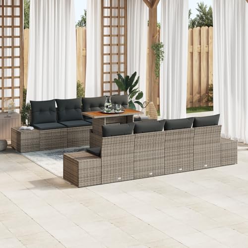 QZZCED 9-TLG. Garten-Essgruppe mit Kissen Grau Poly Rattan Akazie Gartenmöbel Set Terrassenmöbel Set für Innenhöfe von QZZCED