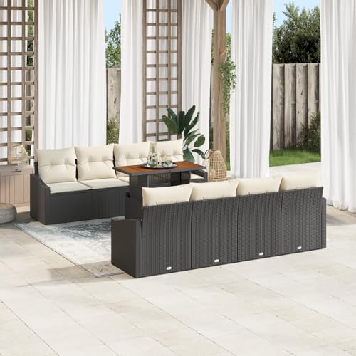 QZZCED 9-TLG. Garten-Essgruppe mit Kissen Schwarz Poly Rattan Akazie Terrassensofa Set Garten Couch Set für Balkone QZZCED 9-TLG. Garten-Essgruppe mit Kissen Schwarz Poly Rattan Akazie Terrassensofa Set Garten Couch Set für Balkone von QZZCED