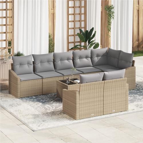 QZZCED 9-TLG. Garten-Essgruppe mit Kissen Schwarz Poly Rattan Balkon Sofa Set Terrassensofa Set für Rasenflächen von QZZCED