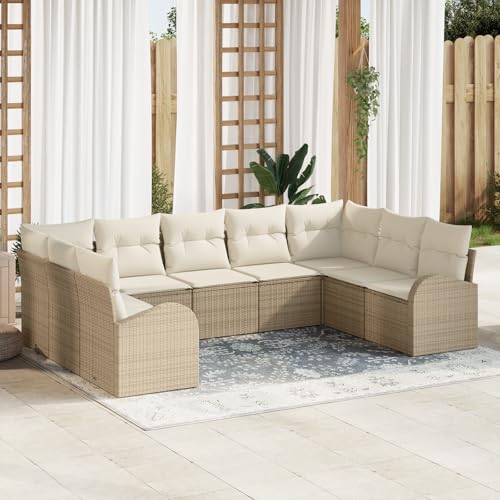 QZZCED 9-TLG. Garten-Sofagarnitur mit Kissen Beige Poly Rattan Gartenmöbel Set Garten Lounge Set für Rasenflächen von QZZCED