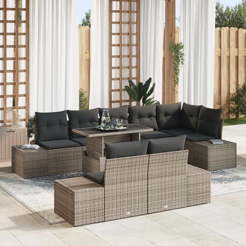 QZZCED 9-TLG. Garten-Sofagarnitur mit Kissen Grau Poly Rattan Garten Lounge Set Balkon Sofa Set für Innenhöfe von QZZCED