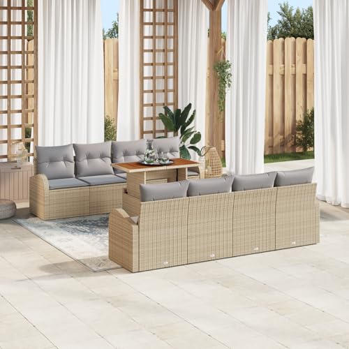 QZZCED 9-teilige Garten Essgruppe mit Kissen Beige Poly Rattan Akazie Outdoor Sofa Set Terrassensofa Set für Innenhöfe QZZCED 9-teilige Garten Essgruppe mit Kissen Beige Poly Rattan Akazie Outdoor Sofa Set Terrassensofa Set für Innenhöfe von QZZCED