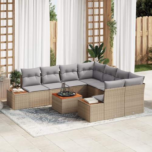 QZZCED 9-teiliges Garten Sofa Set mit Kissen Beige Poly Rattan Akazie Garten Couch Set Outdoor Lounge Möbel für Balkone von QZZCED
