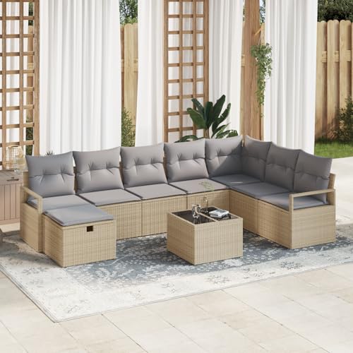 QZZCED 9-teiliges Garten Sofa Set mit Kissen Beige Poly Rattan Balkon Sofa Set Outdoor Lounge Möbel für Rasenflächen von QZZCED