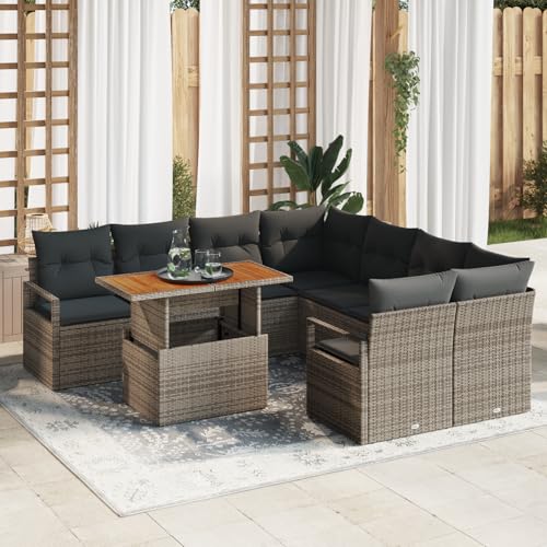 QZZCED 9-teiliges Garten-Sofa-Set mit Kissen Grau Poly Rattan Akazie Outdoor Lounge Möbel Gartenmöbel Set für Balkone von QZZCED