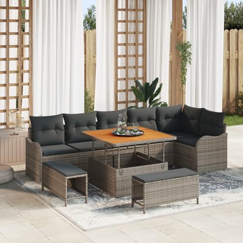 QZZCED 9-teiliges Garten Sofa Set mit Kissen Grau Poly Rattan Akazie Outdoor Lounge Möbel Terrassenmöbel Set für Gärten von QZZCED