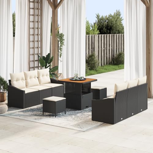 QZZCED 9-teiliges Garten Sofa Set mit Kissen Schwarz Poly Rattan Akazie Outdoor Sofa Set Outdoor Lounge Möbel für Rasenflächen von QZZCED