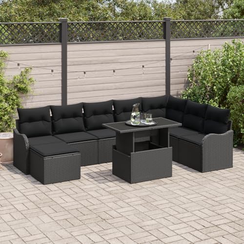 QZZCED 9-teiliges Garten-Sofa-Set mit Kissen Schwarz Poly-Rattan Terrassensofa Set Garten Lounge Set für Balkone von QZZCED