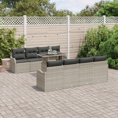 QZZCED 9-teiliges Garten Sofa Set mit Kissen in hellem Grauen Poly Rattan Balkon Sofa Set Outdoor Lounge Möbel für Rasenflächen von QZZCED